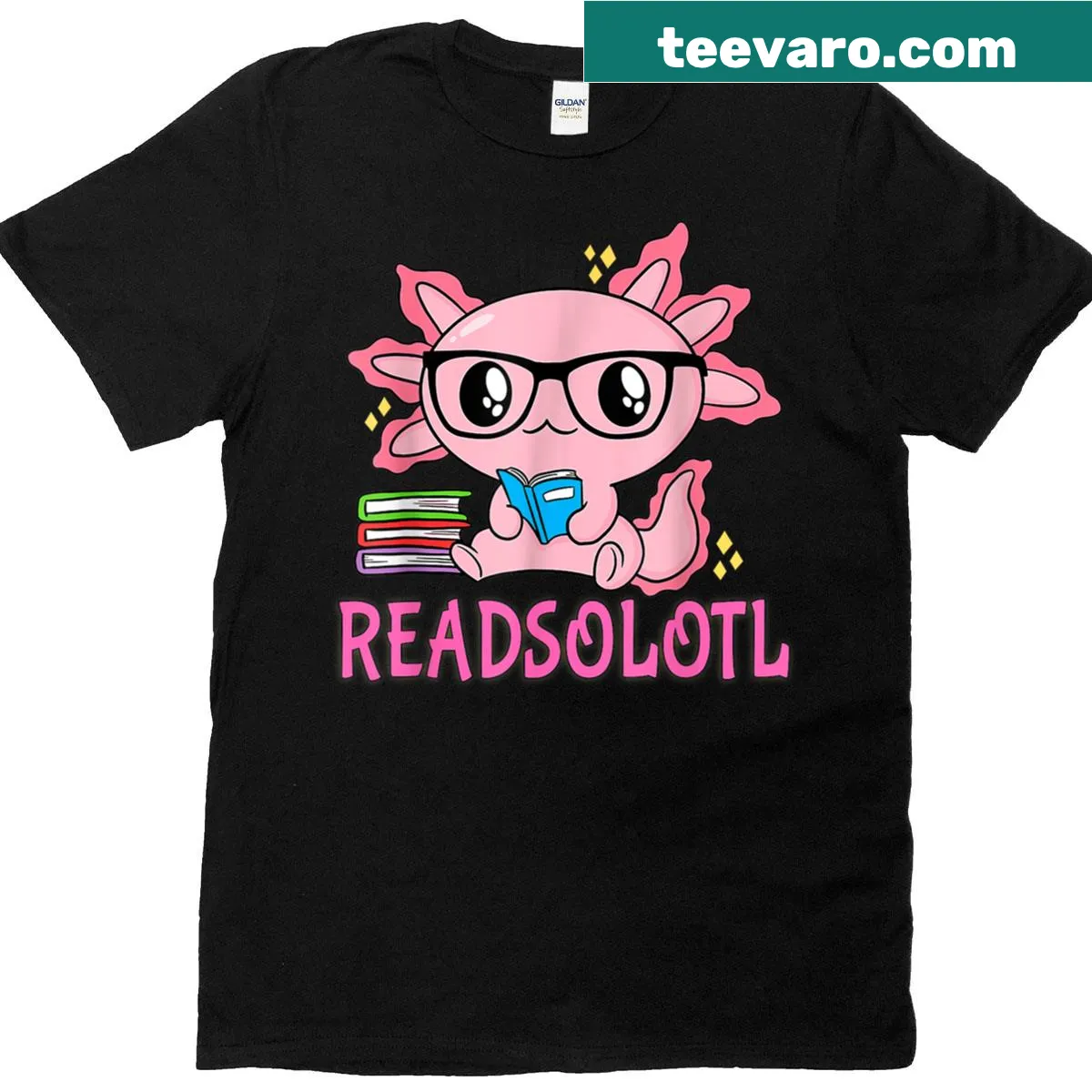 Kawaii axolotl reading a book with a cute design — on a men's t-shirt