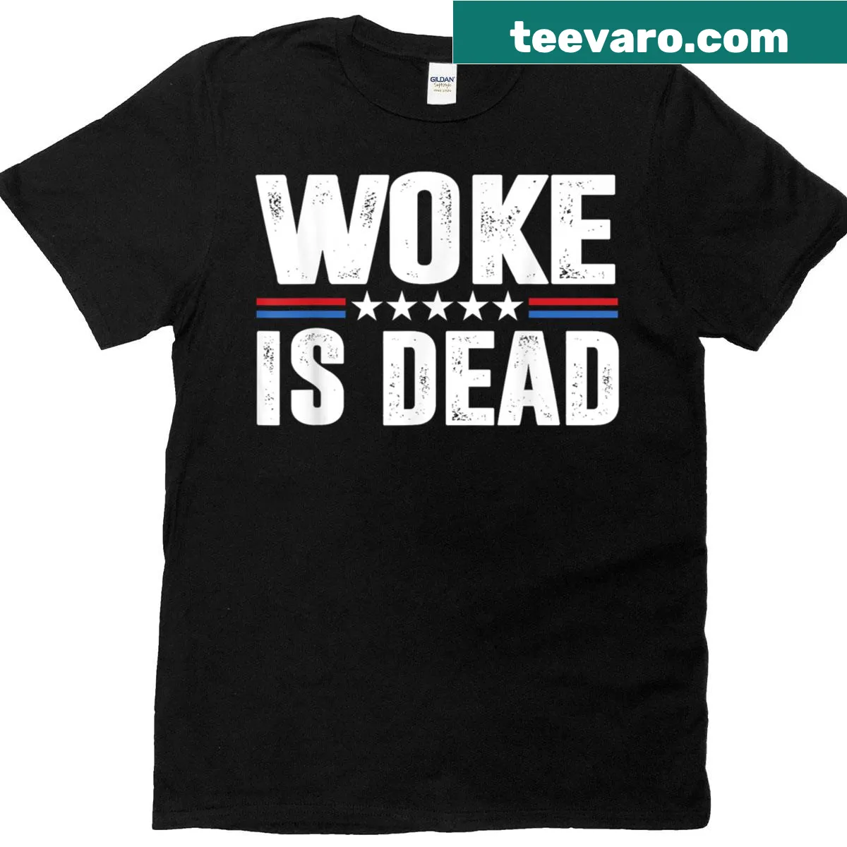 Funny slogan 'Woke Is Dead' text T-shirt — on a men's t-shirt