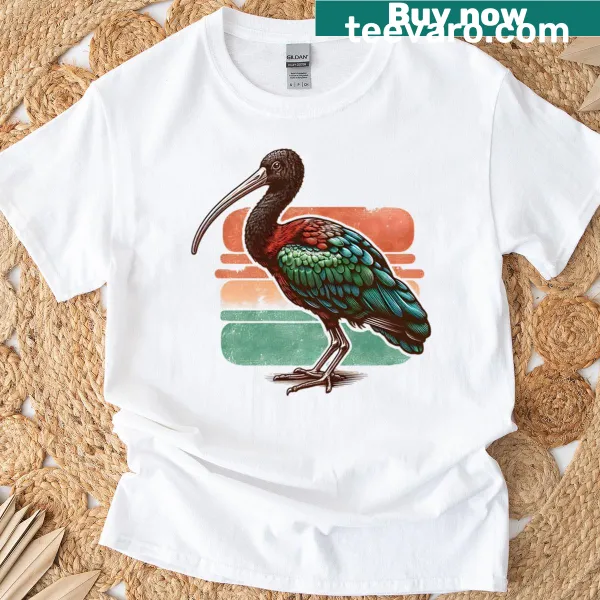 T-shirt featuring a detailed graphic of a Glossy Ibis bird
