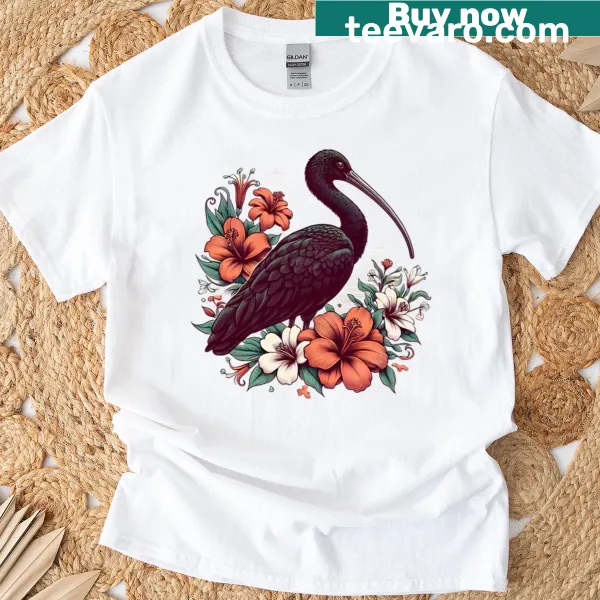 Illustrated T-shirt showcasing a glossy ibis bird design