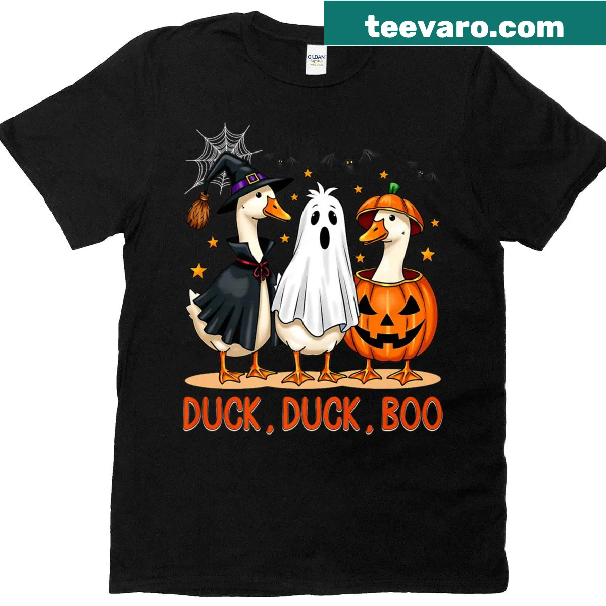 Halloween-themed tee featuring cartoon duck with spooky elements — on a men's t-shirt
