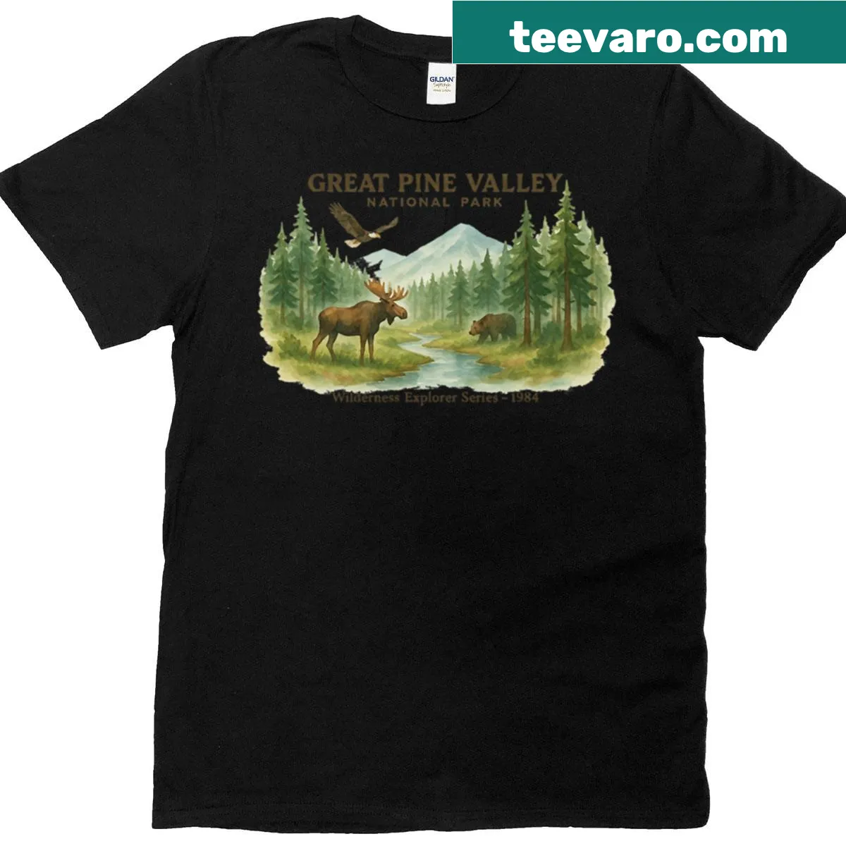 Vintage design t-shirt featuring Great Pine Valley National Park — on a men's t-shirt