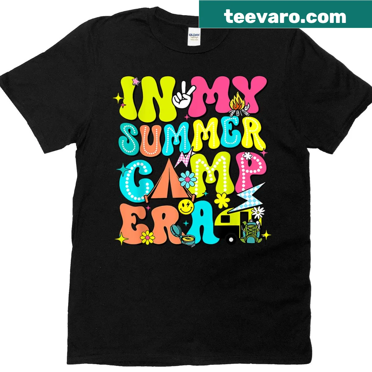 Cartoon camping design featuring tents and trees on a T-shirt — on a men's t-shirt
