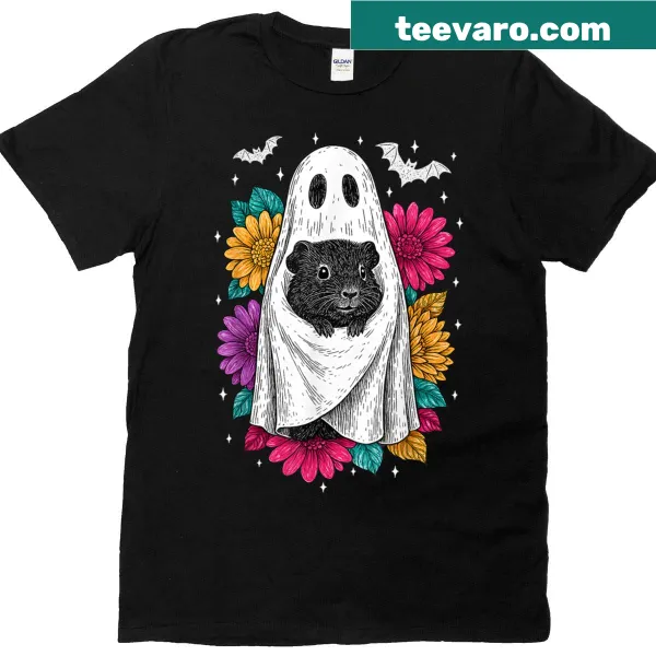 Retro guinea pig ghost t-shirt with floral accents and cute art