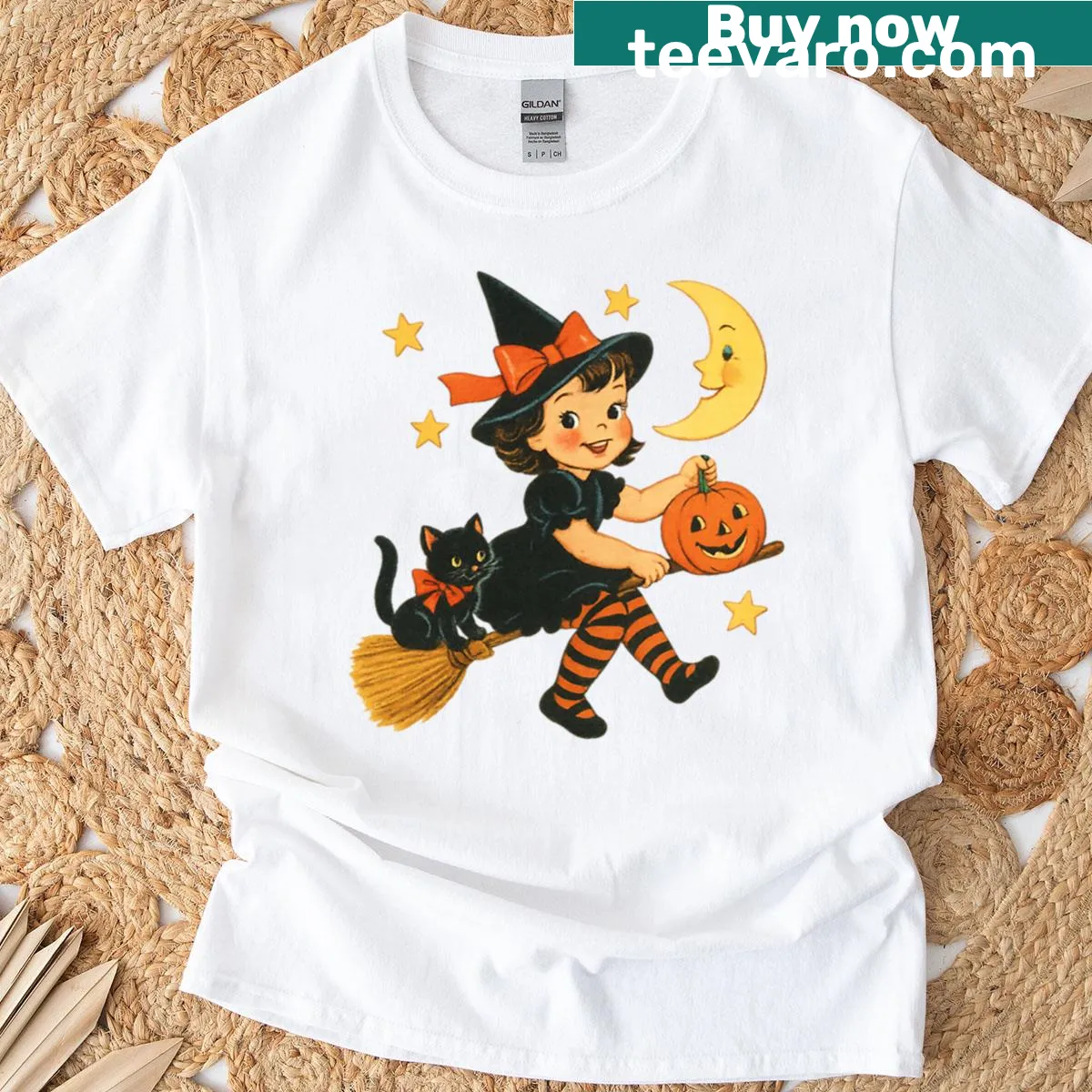 Cute witch flying on a broom in a starry night illustration — on a men's t-shirt