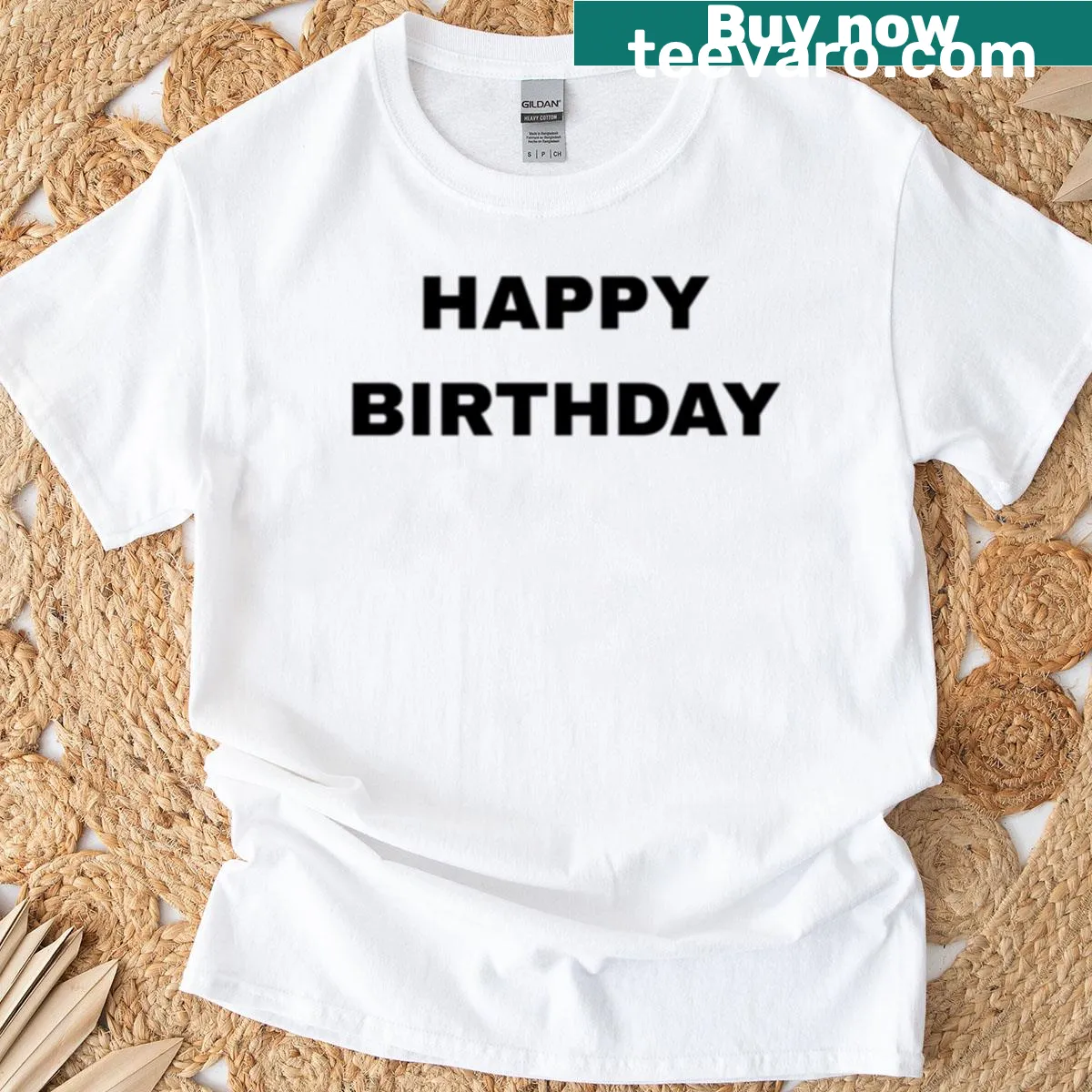 T-shirt with bold black text that says 'Happy Birthday' — on a men's t-shirt