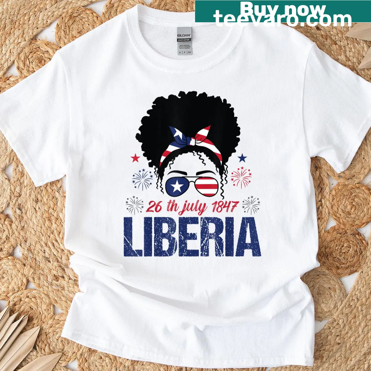 Liberian flag t-shirt with text 'Happy Liberia Independence Day' — on a men's t-shirt