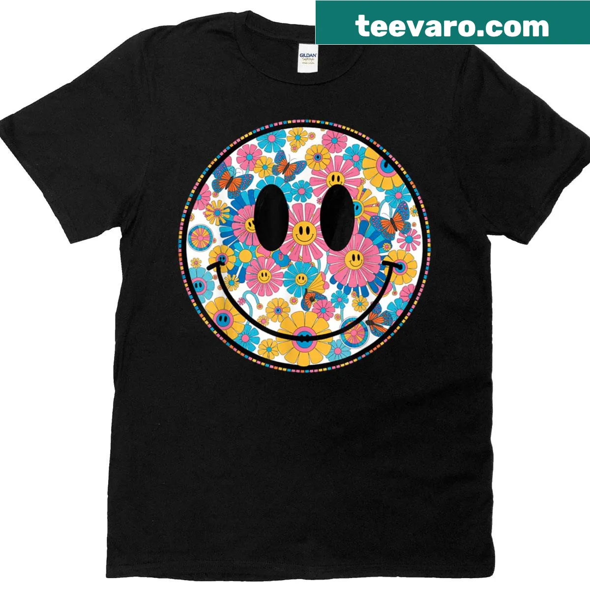 Retro smiley face t-shirt with daisy graphics — on a men's t-shirt