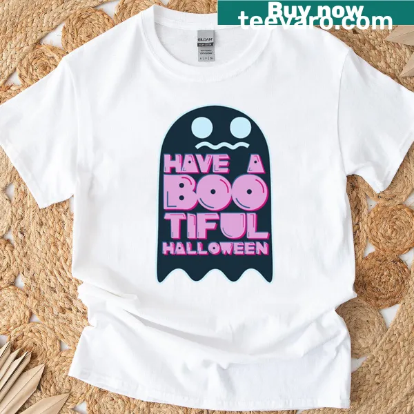 Cute ghost graphic with 'Bootiful Halloween' text on t-shirt