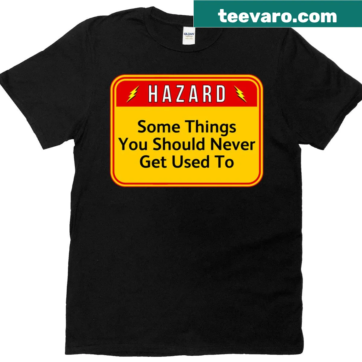 Funny T-shirt with warning sign humor — on a men's t-shirt
