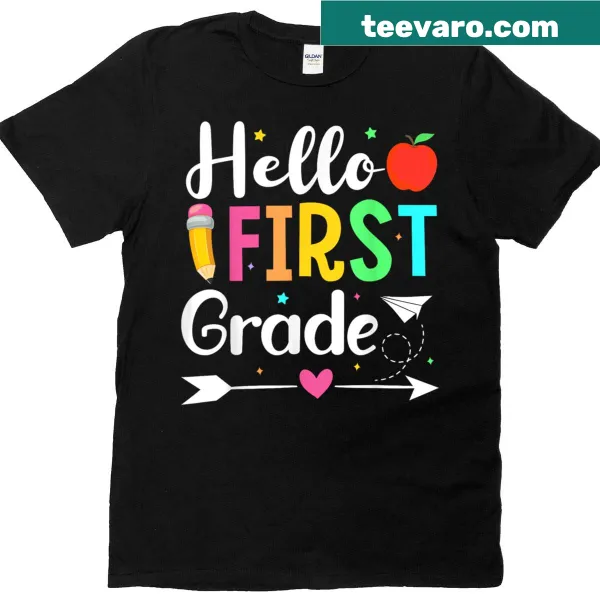 Hello First Grade Teacher t-shirt with a cheerful greeting design