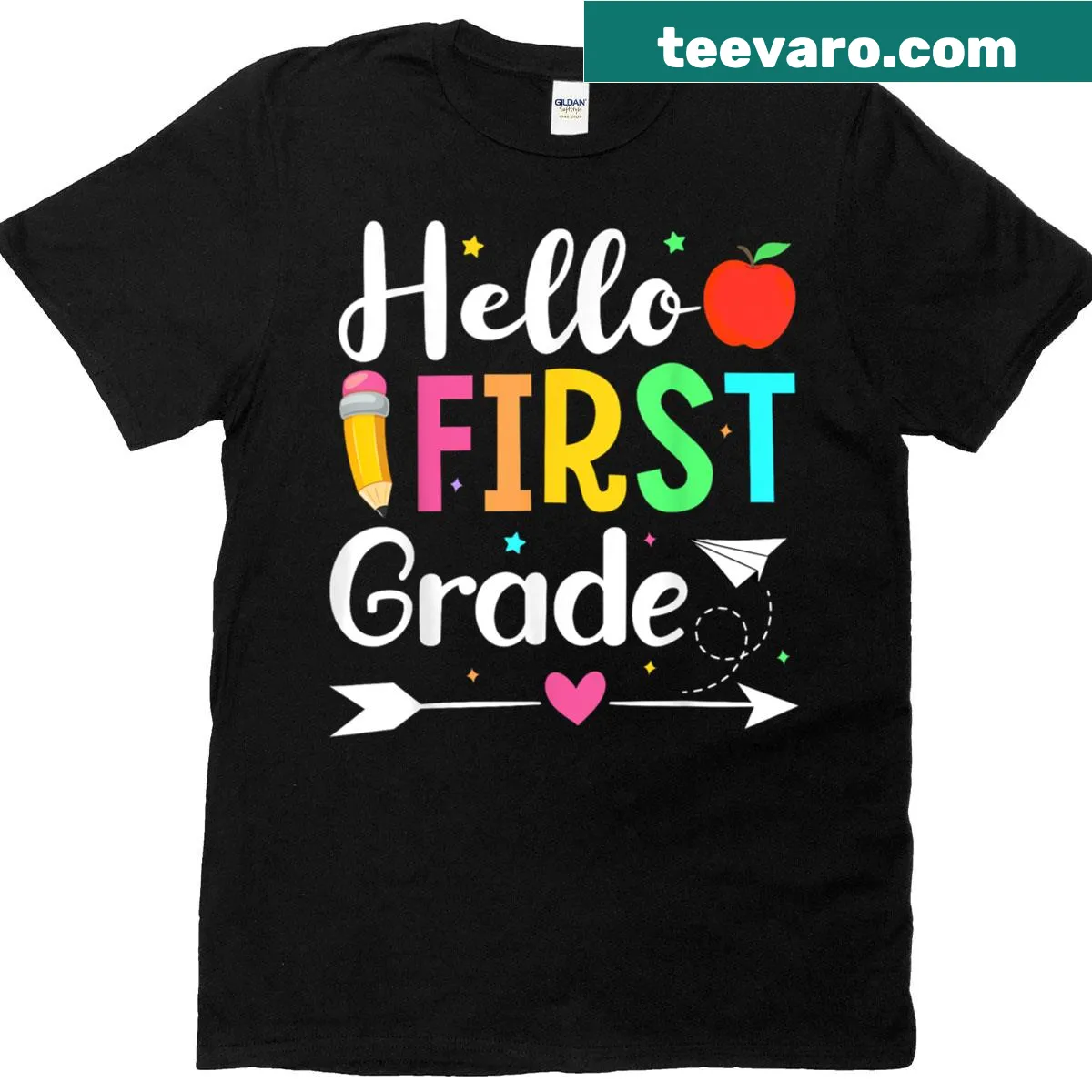 Hello First Grade Teacher t-shirt with a cheerful greeting design — on a men's t-shirt