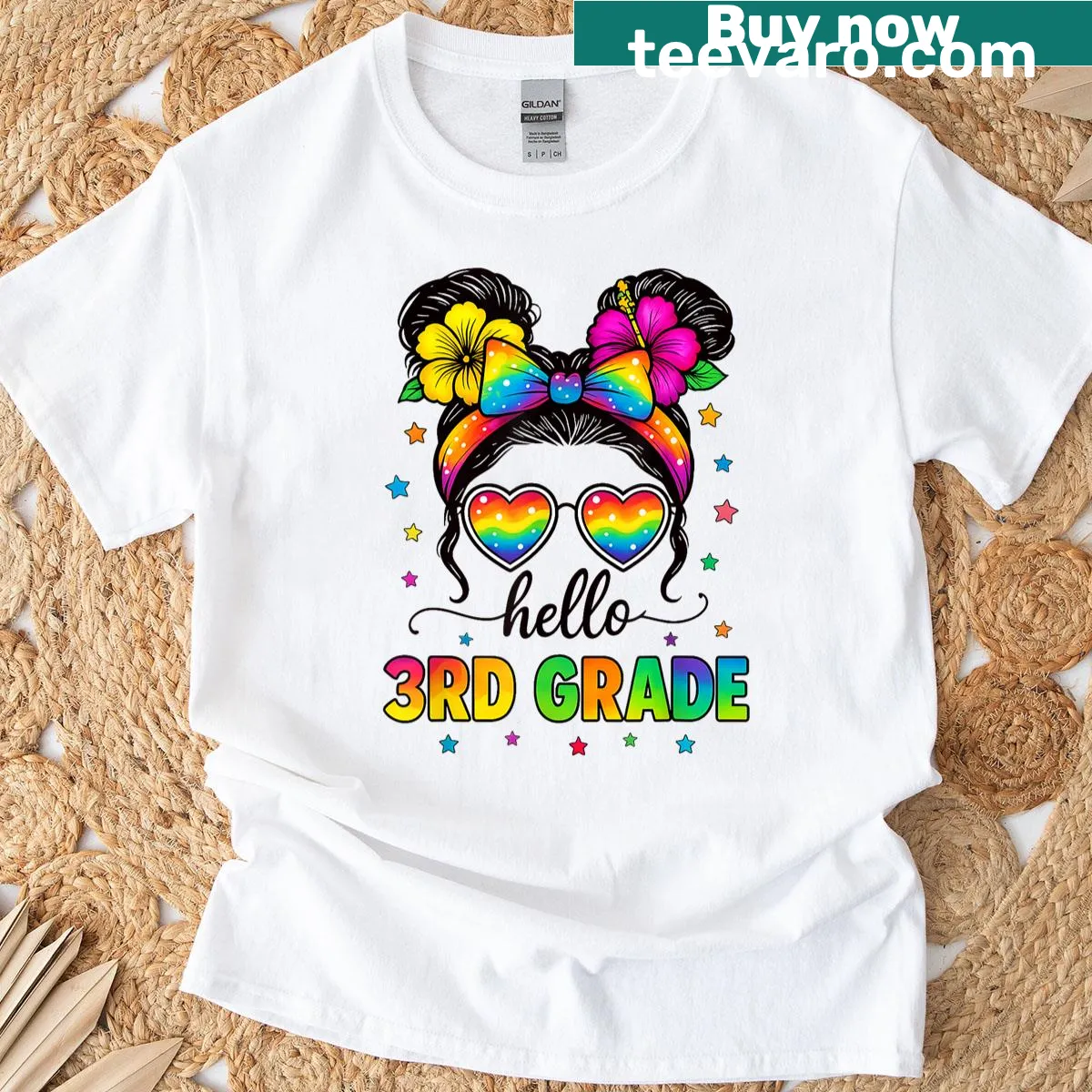Illustrated T-shirt featuring a girl with a messy bun for 3rd grade. — on a men's t-shirt
