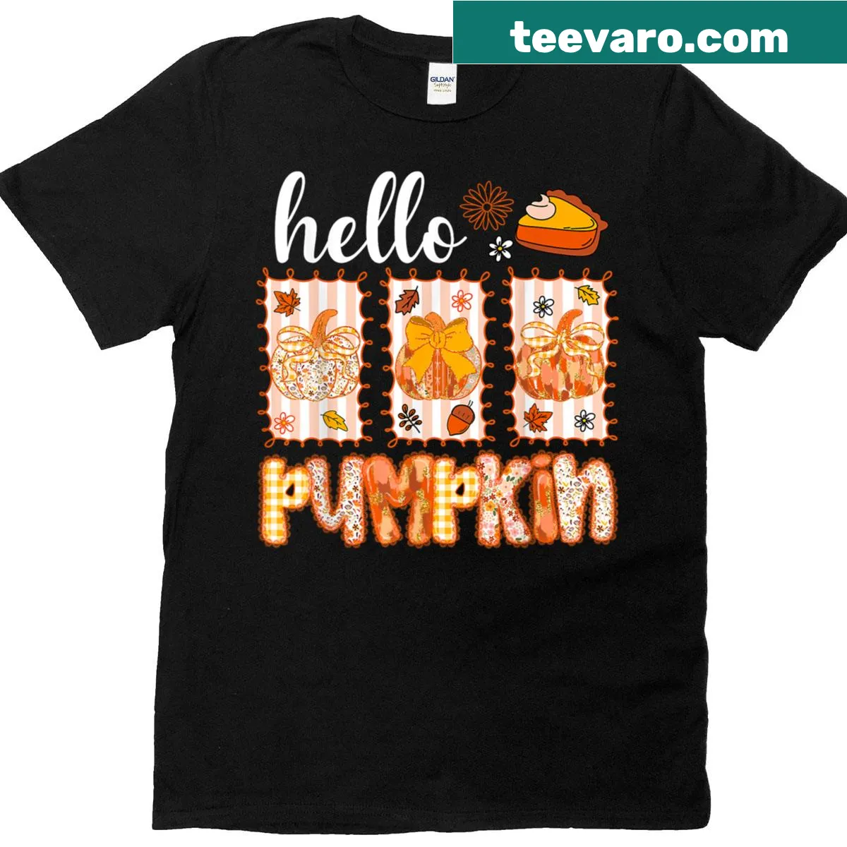 Cute fall-themed t-shirt with pumpkin and bow illustration — on a men's t-shirt
