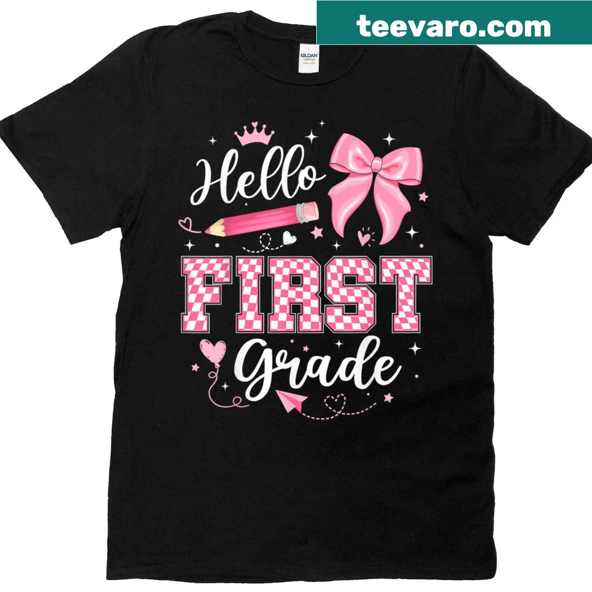 Cute first grade back to school t-shirt with playful designs — on a men's t-shirt