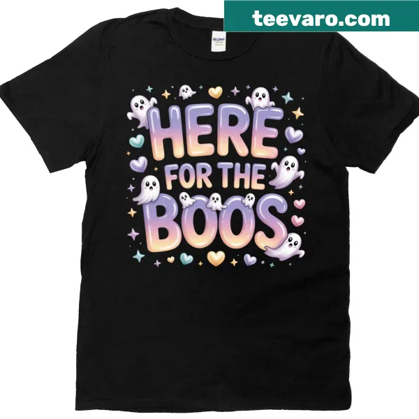 Cute Halloween T-shirt with ghost and 'Here For The Boos' text