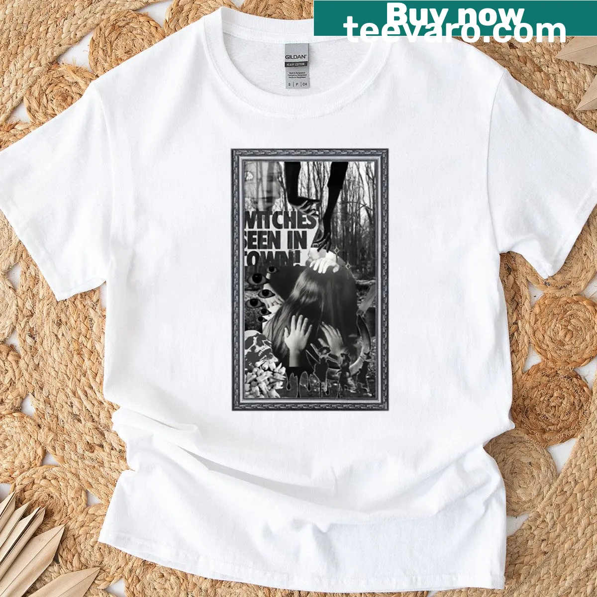 Black and white collage featuring witch-themed illustrations and symbols — on a men's t-shirt
