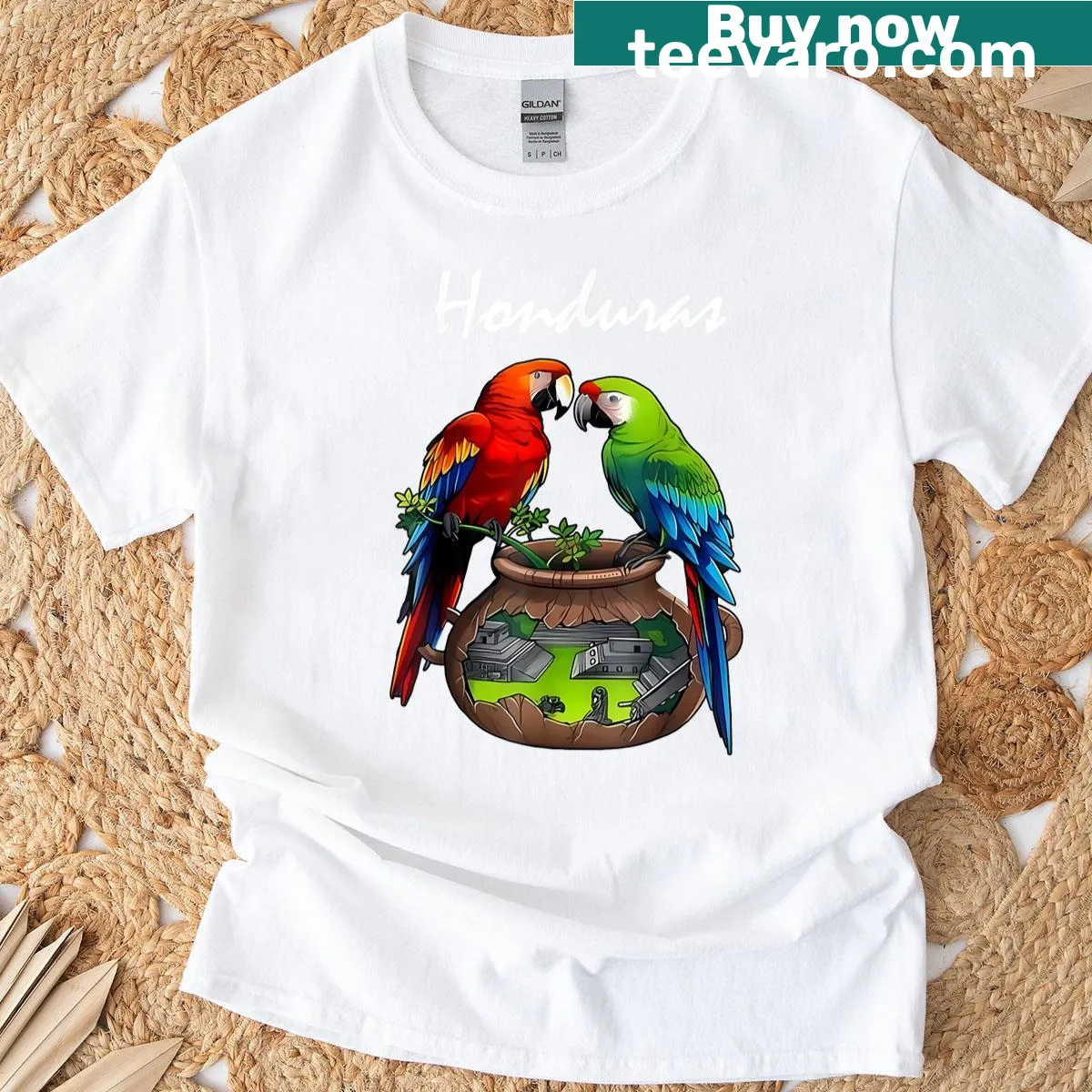 T-shirt featuring a scarlet macaw design for family vacation. — on a men's t-shirt