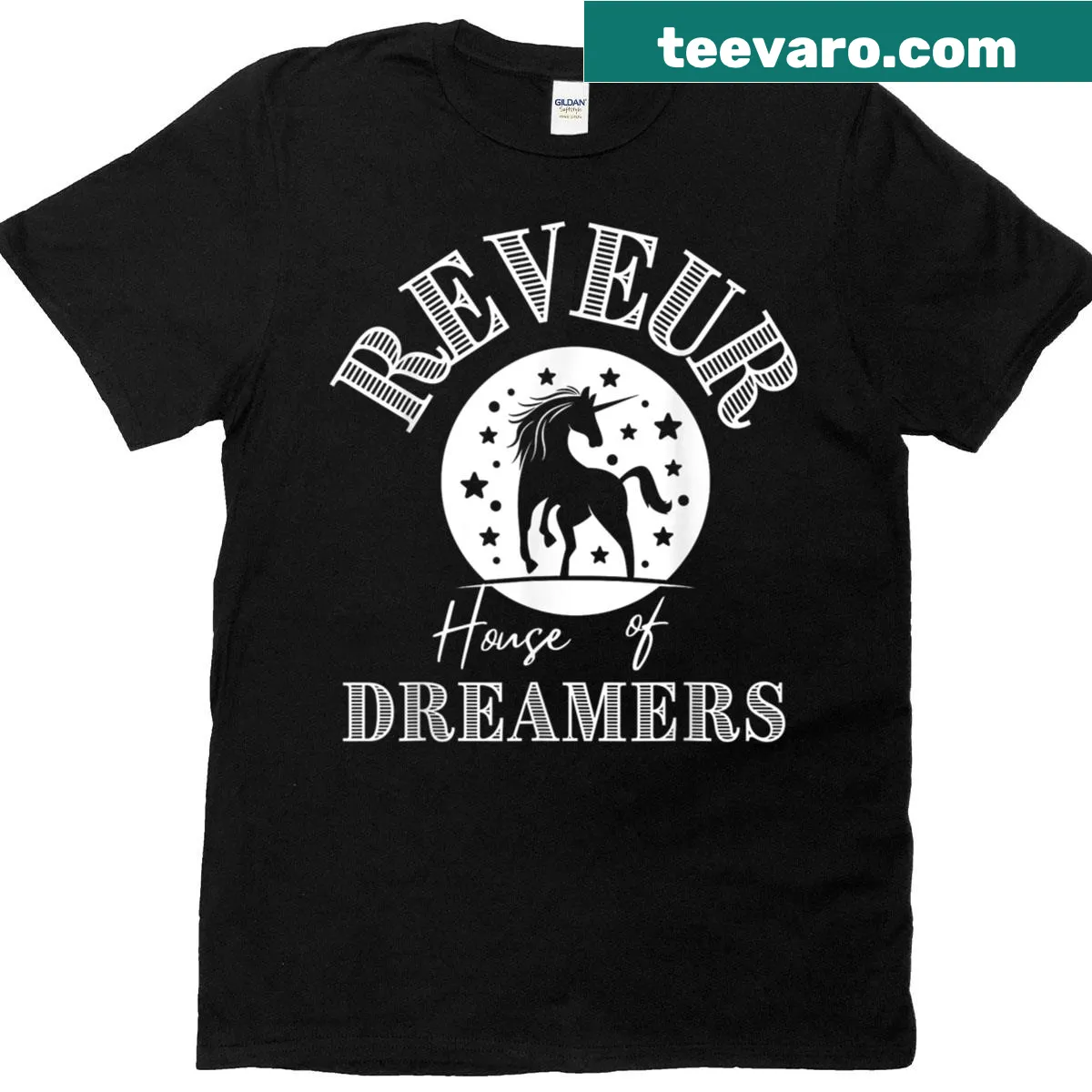 T-shirt featuring a whimsical unicorn design and the phrase House Of Dreamers. — on a men's t-shirt