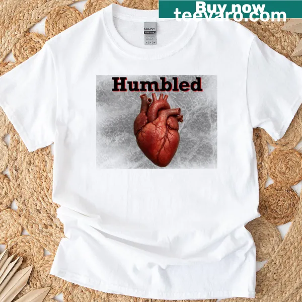 T-shirt featuring the phrase 'Humbled Heart' in elegant typography.