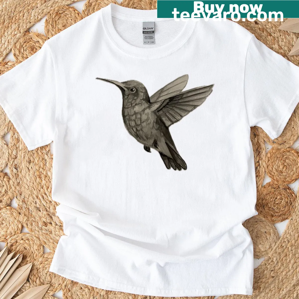 Pencil drawing of a hummingbird on a t-shirt — on a men's t-shirt
