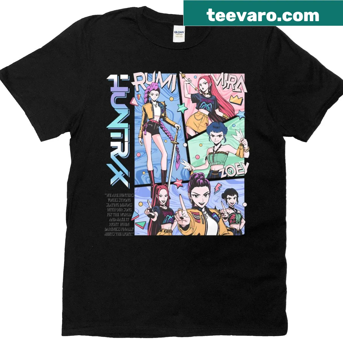 Cartoon t-shirt featuring a K-pop girl group as demon hunters — on a men's t-shirt