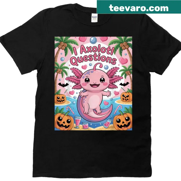 Cute Halloween T-shirt featuring cartoon axolotl