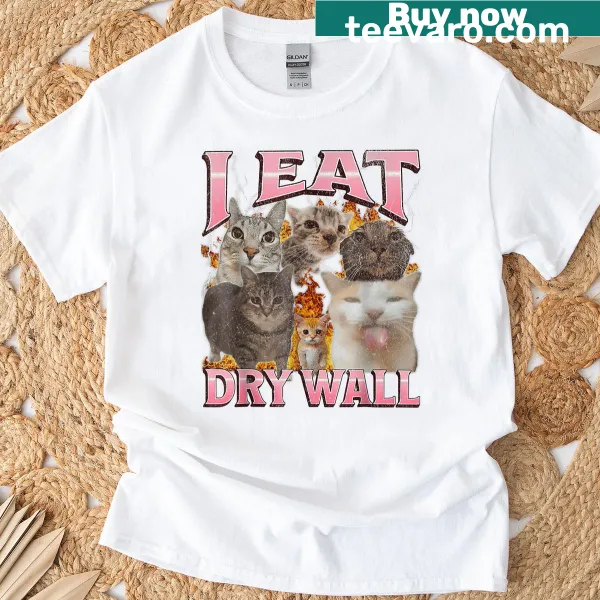 Funny cat graphic T-shirt with a meme about eating cement