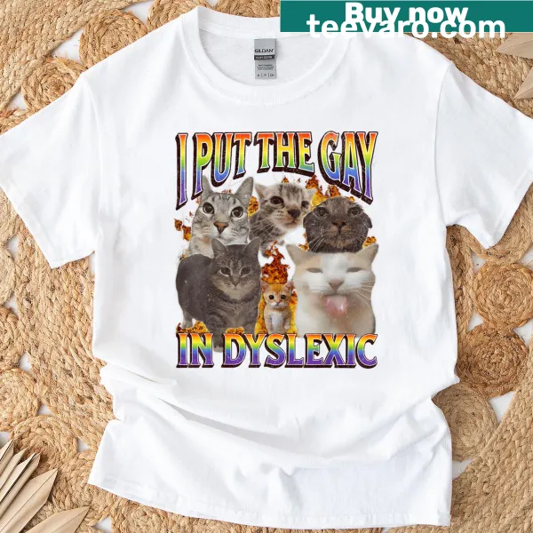 Funny retro t-shirt with cat meme and text 'I Put The Gay In Dyslexic'