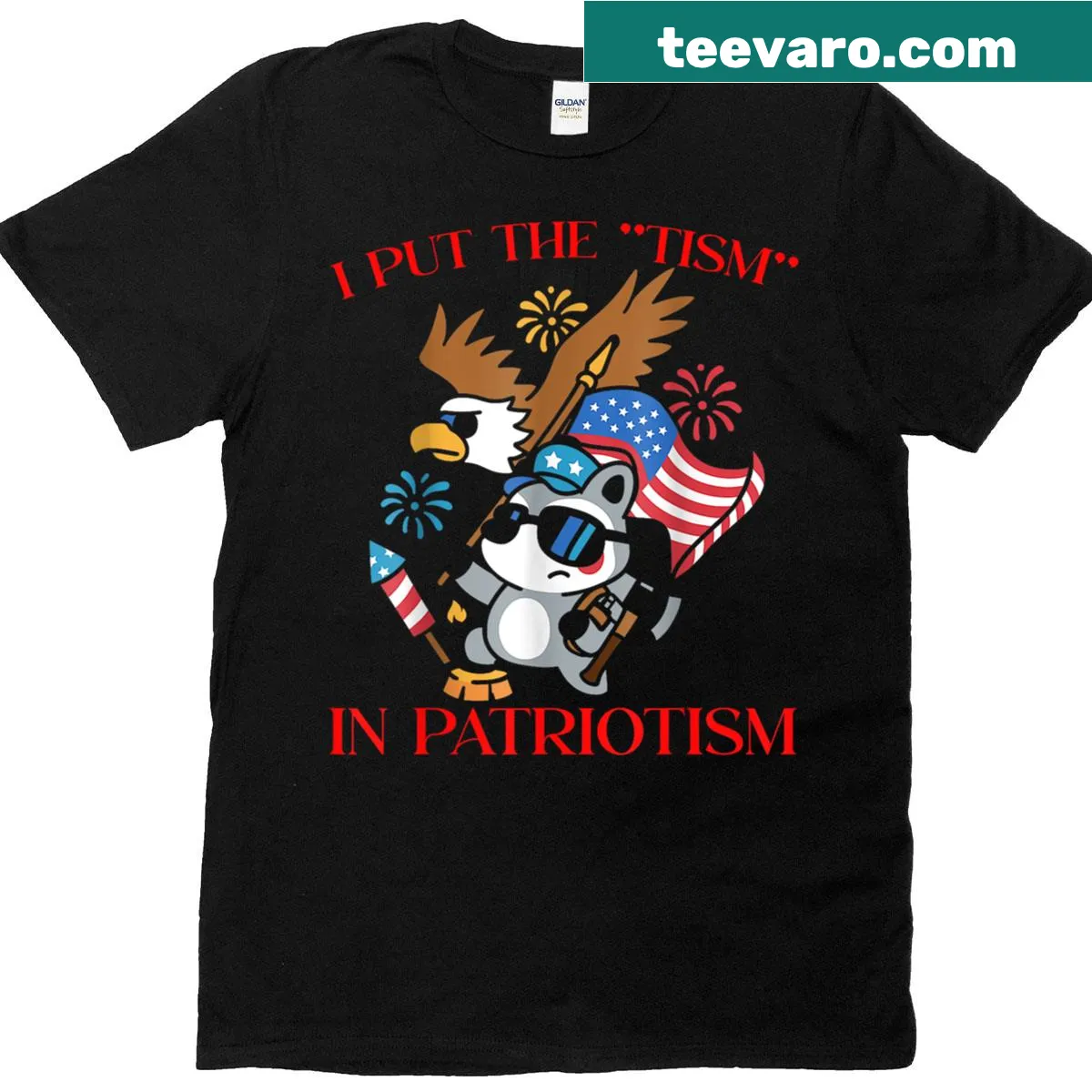 Eagle graphic t-shirt with the phrase I Put The Tism In Patriotism — on a men's t-shirt