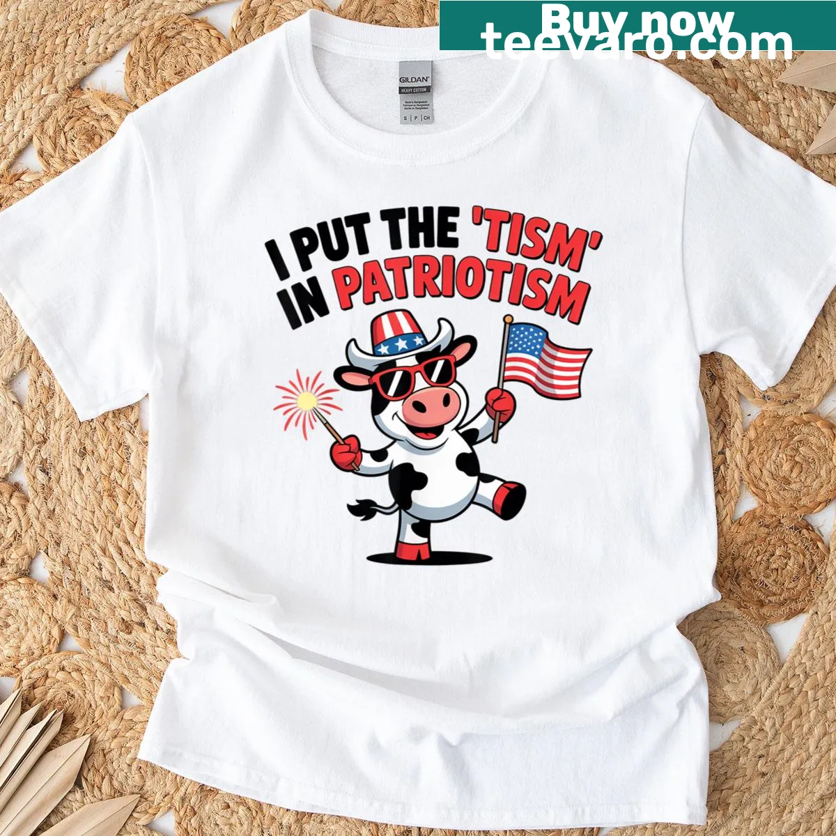 Funny cow graphic with text about patriotism design — on a men's t-shirt
