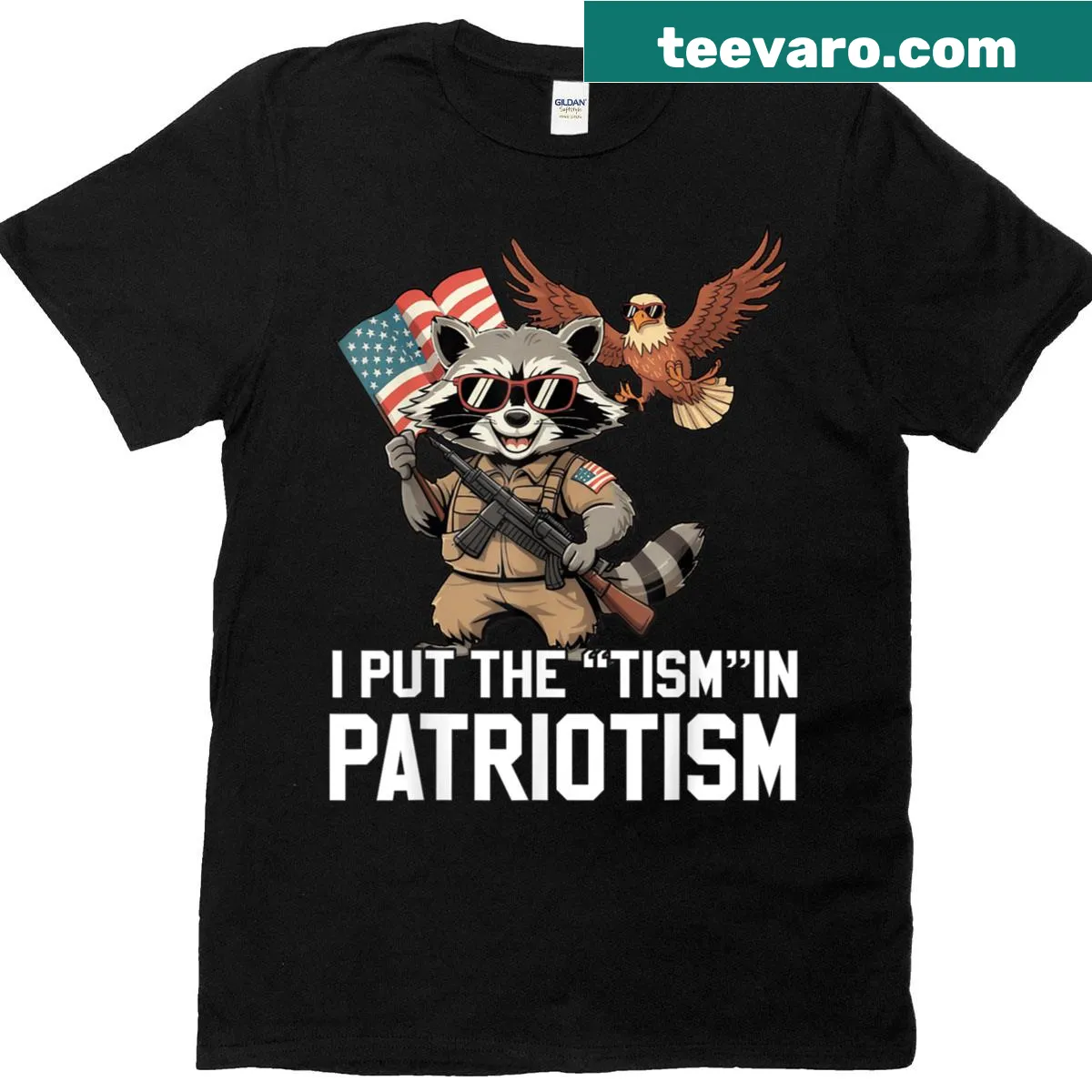 Retro t-shirt with raccoon and American flag design — on a men's t-shirt