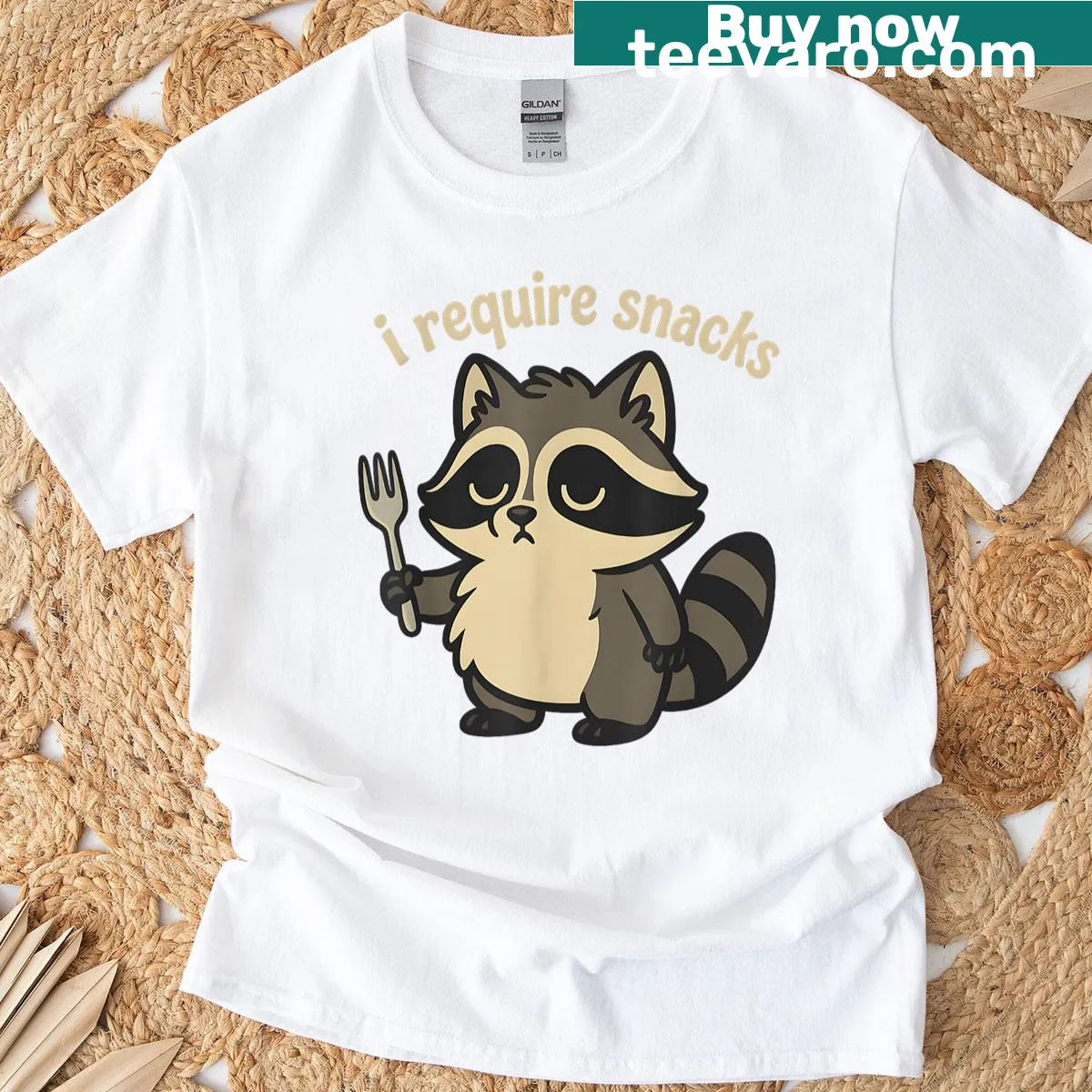 Cute raccoon holding a fork with the text 'I Require Snacks' — on a men's t-shirt