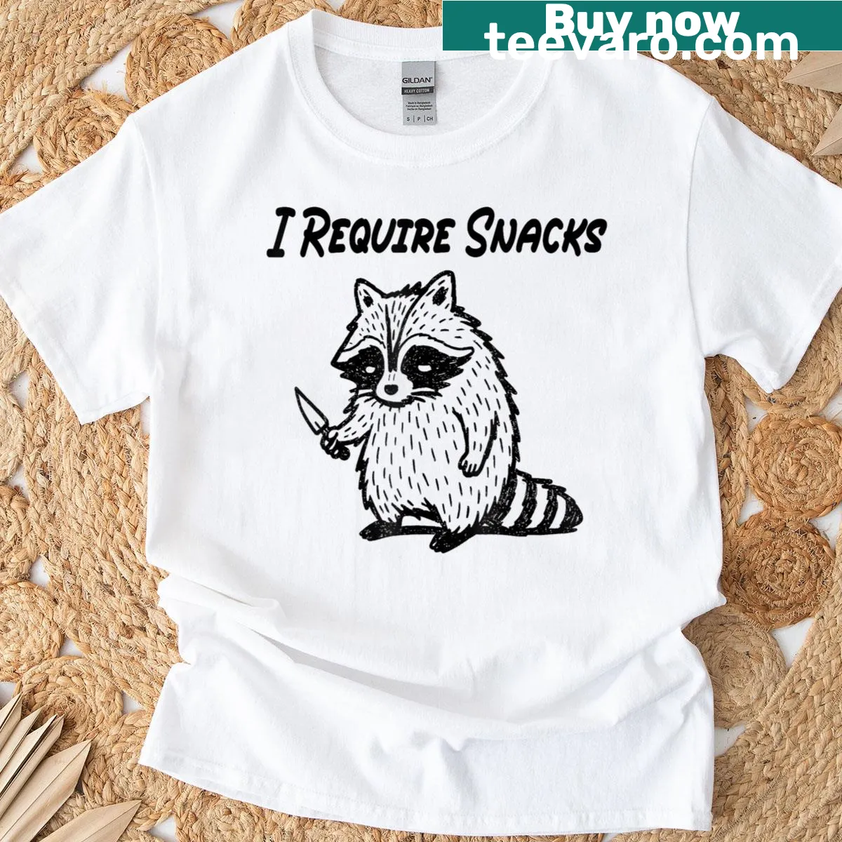 Funny raccoon meme t-shirt with 'I Require Snacks' text — on a men's t-shirt