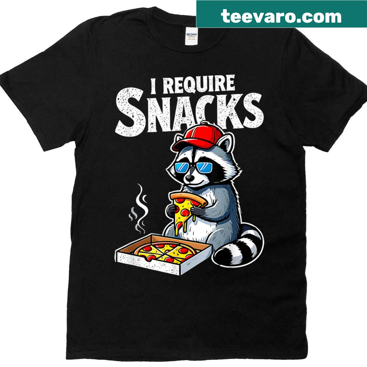 Funny T-shirt with a raccoon graphic and snack-themed text — on a men's t-shirt