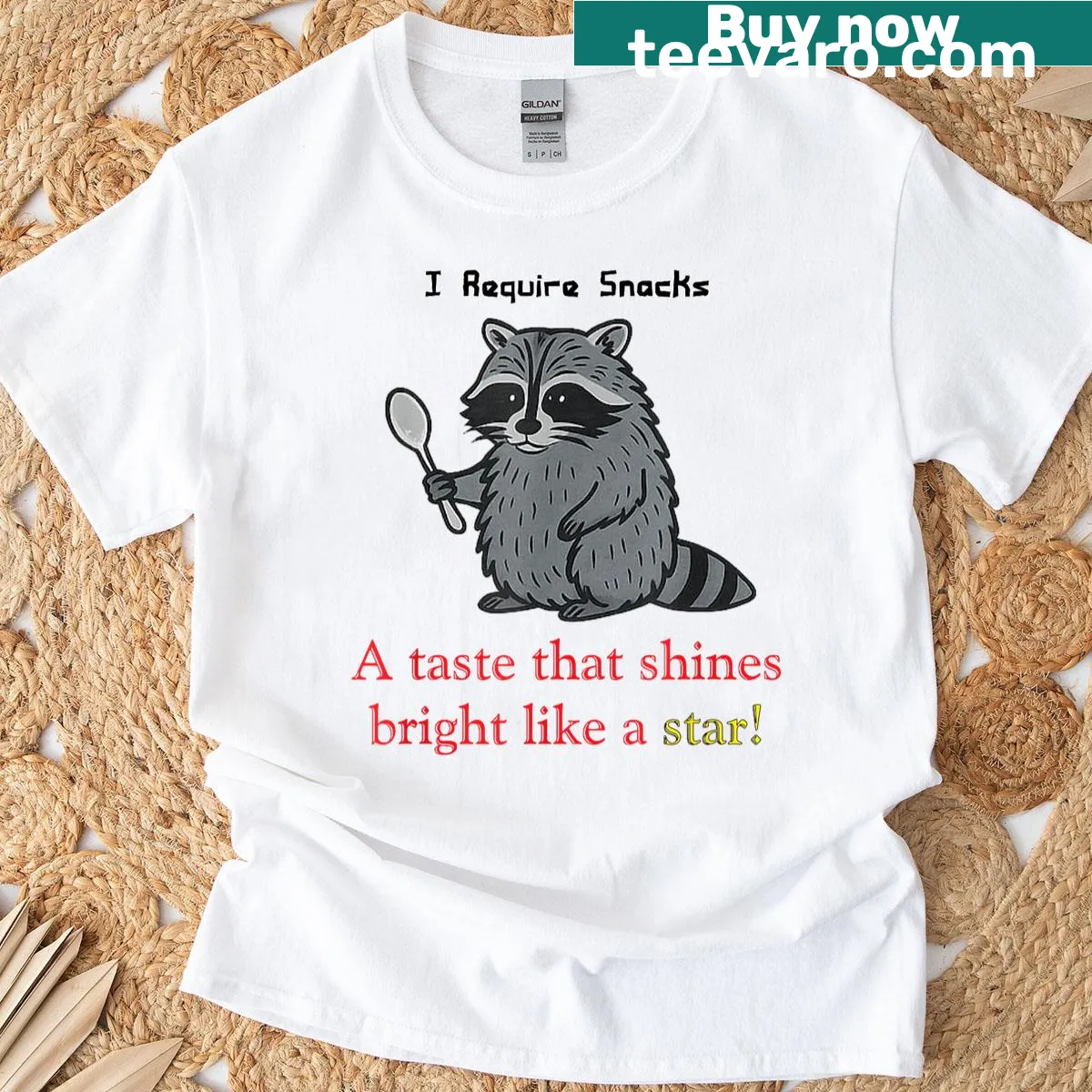 Funny raccoon t-shirt with 'I Require Snacks' text — on a men's t-shirt