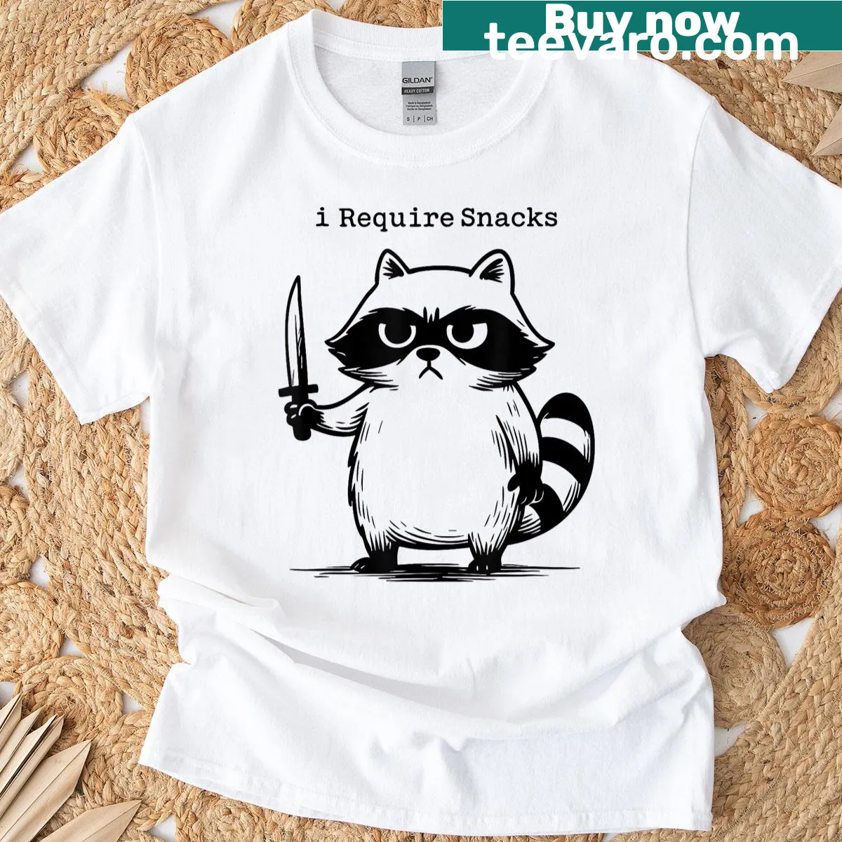 Humorous raccoon graphic t-shirt declaring snack requirements — on a men's t-shirt