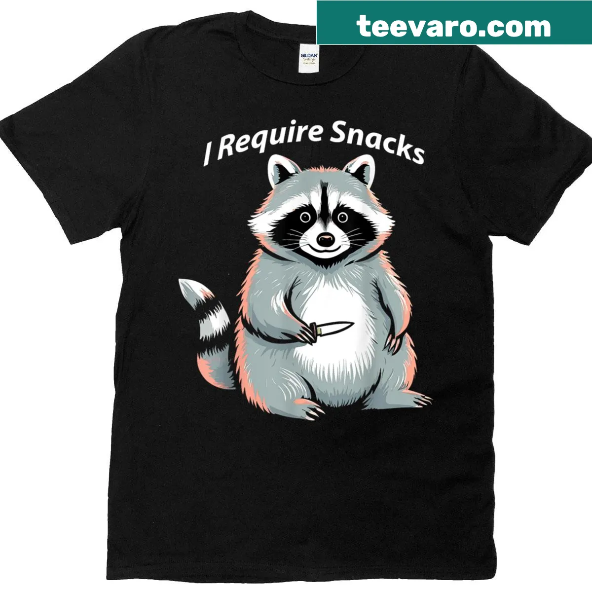 Funny T-shirt featuring a raccoon and 'I Require Snacks' text — on a men's t-shirt