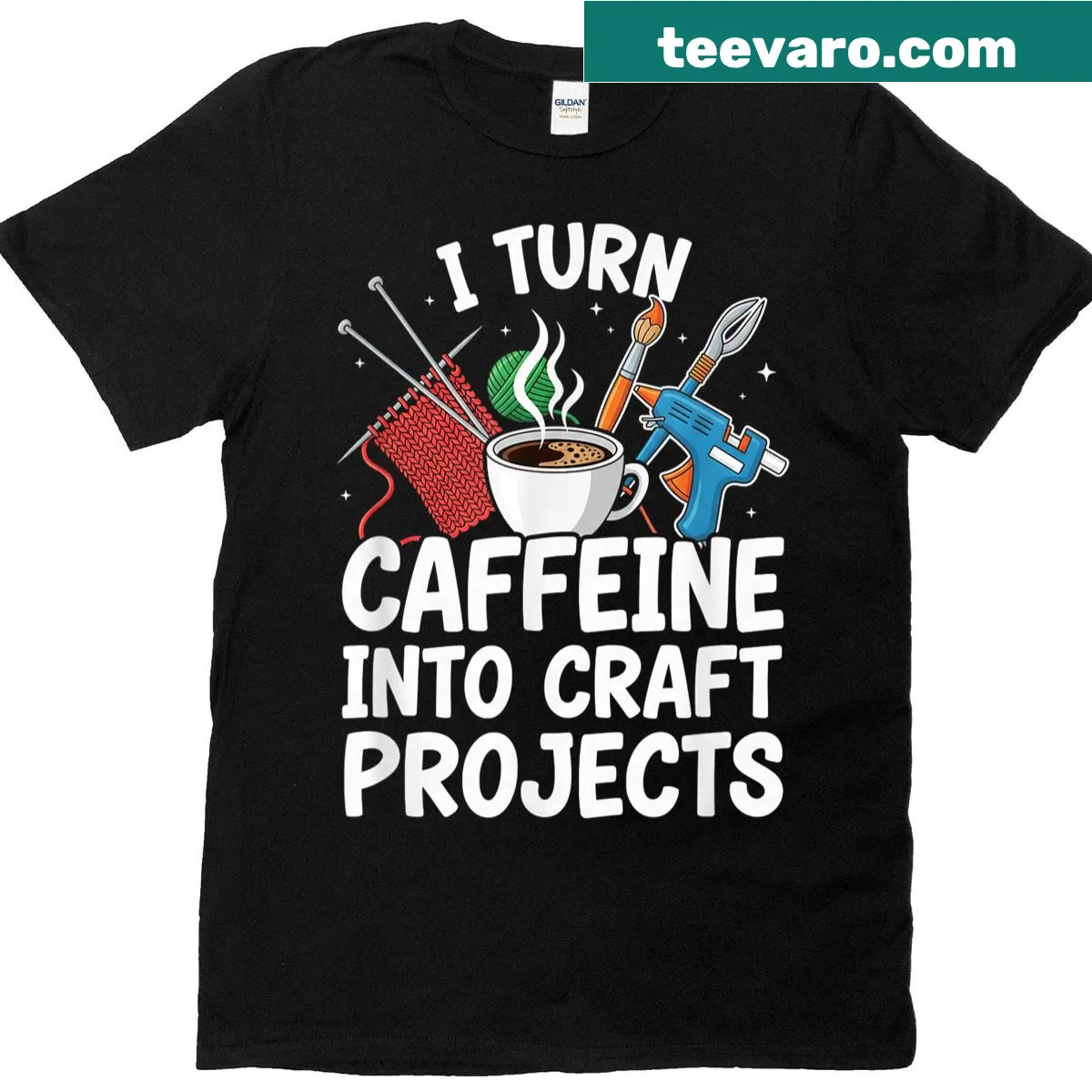 Funny T-shirt for crafters featuring 'I Turn Caffeine Into Craft Projects' text — on a men's t-shirt