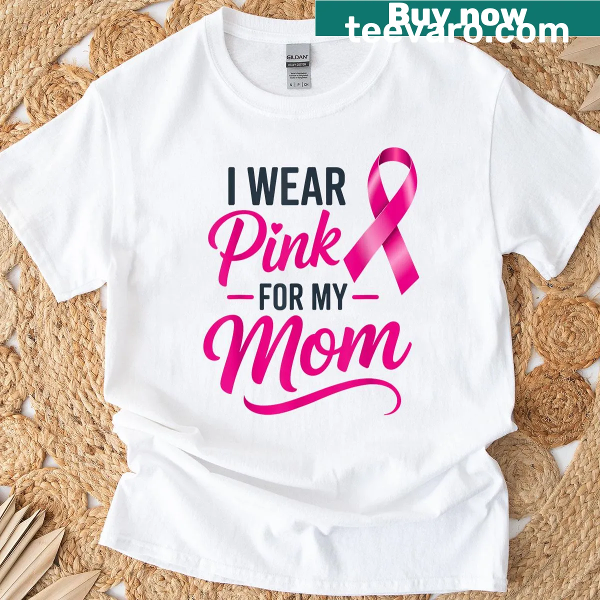 Pink ribbon graphic with text 'I Wear Pink For My Mom' — on a men's t-shirt