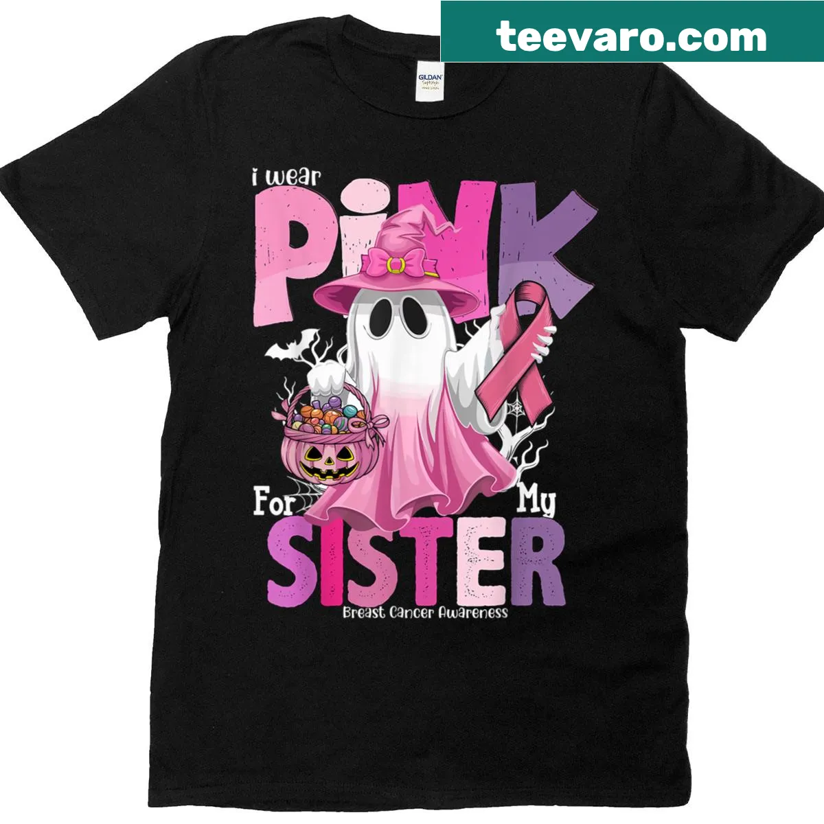 Ghost design with pink accents supporting breast cancer awareness — on a men's t-shirt