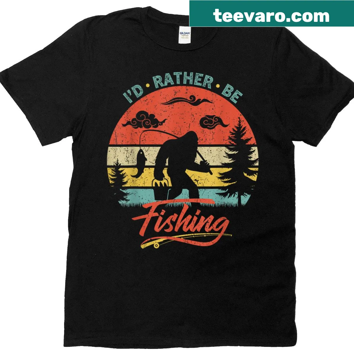Funny fishing T-shirt with Bigfoot illustration and text Id Rather Be Fishing — on a men's t-shirt