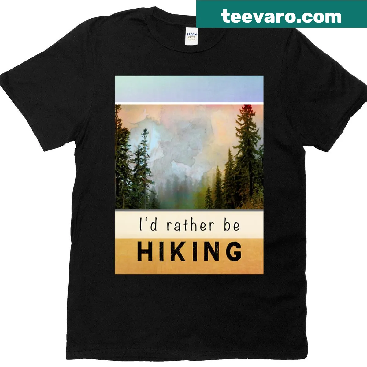 Hiking themed t-shirt with mountain landscape graphic — on a men's t-shirt