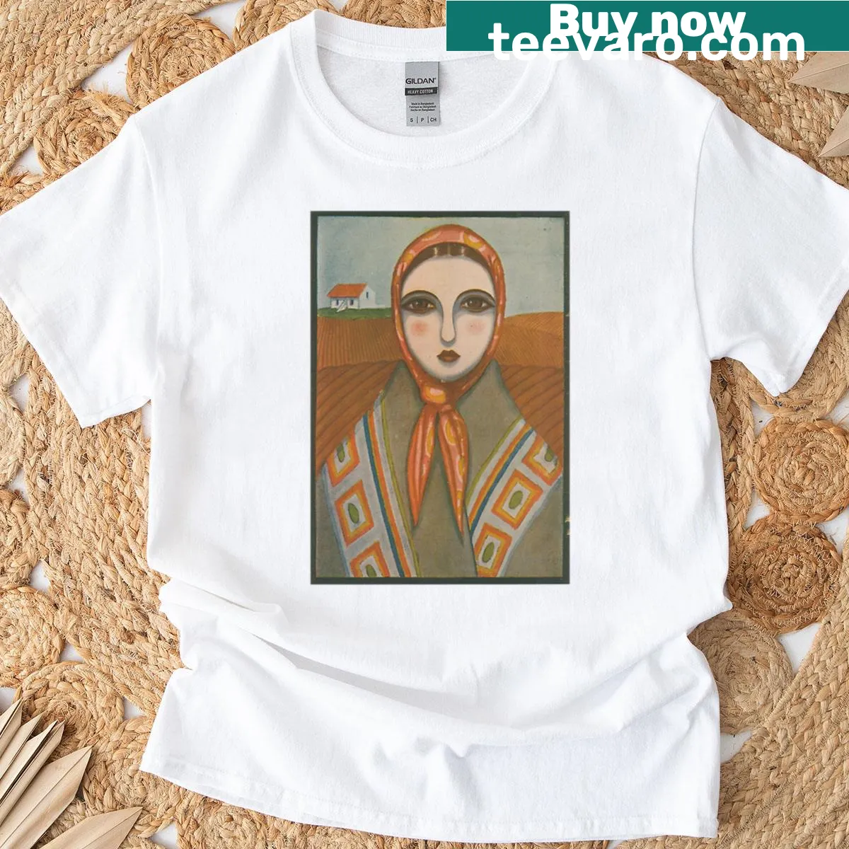 Vintage-style t-shirt featuring a 1920s portrait of a Portuguese woman. — on a men's t-shirt