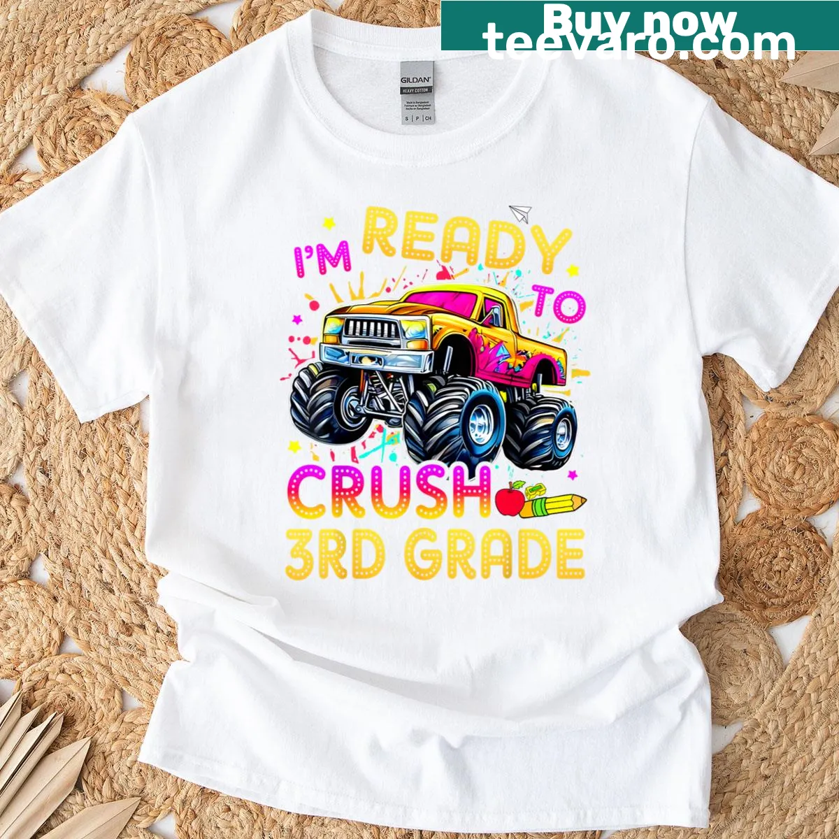 Illustration of a monster truck on kids' t-shirt for back-to-school — on a men's t-shirt