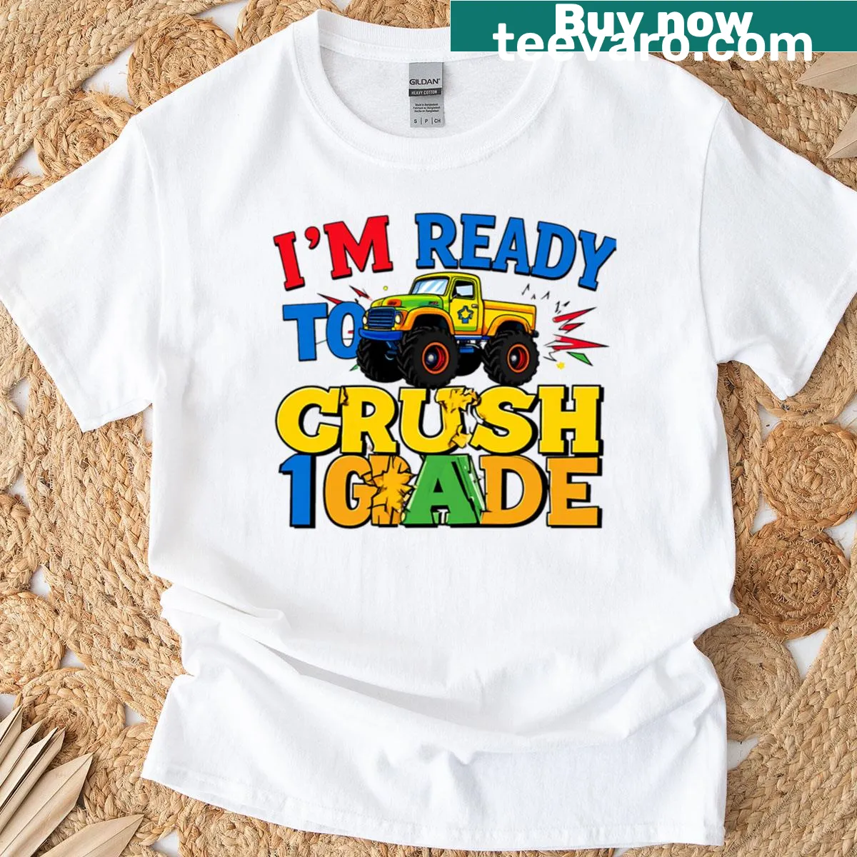 Cartoon monster truck design for kids' first grade shirt — on a men's t-shirt