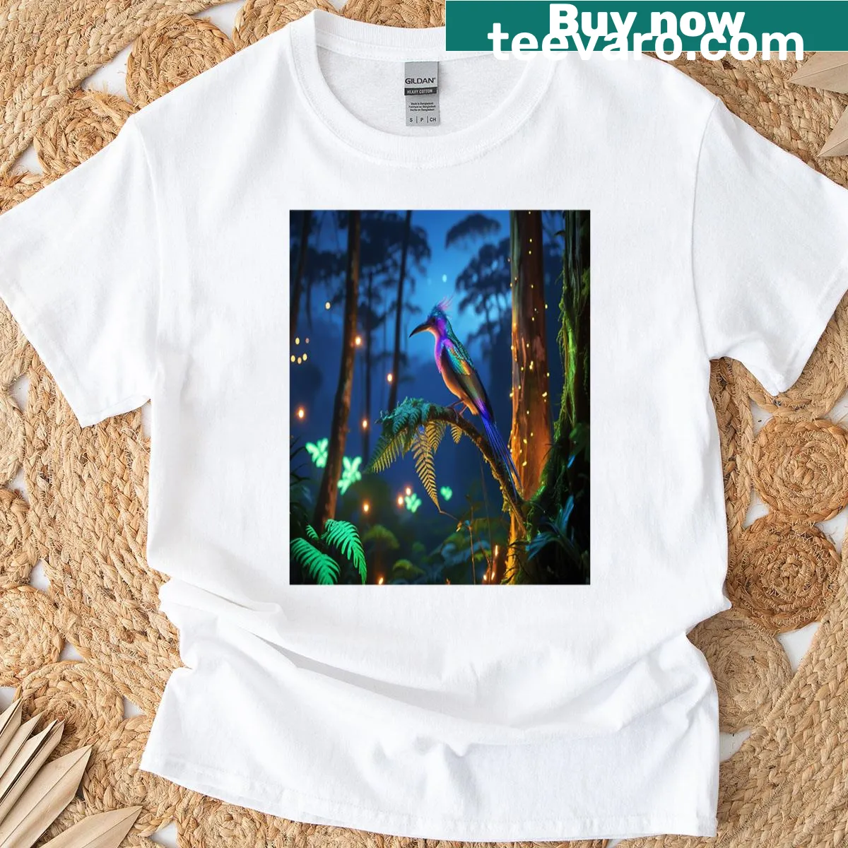 Illustrated t-shirt featuring an iridescent bird in a rainforest — on a men's t-shirt