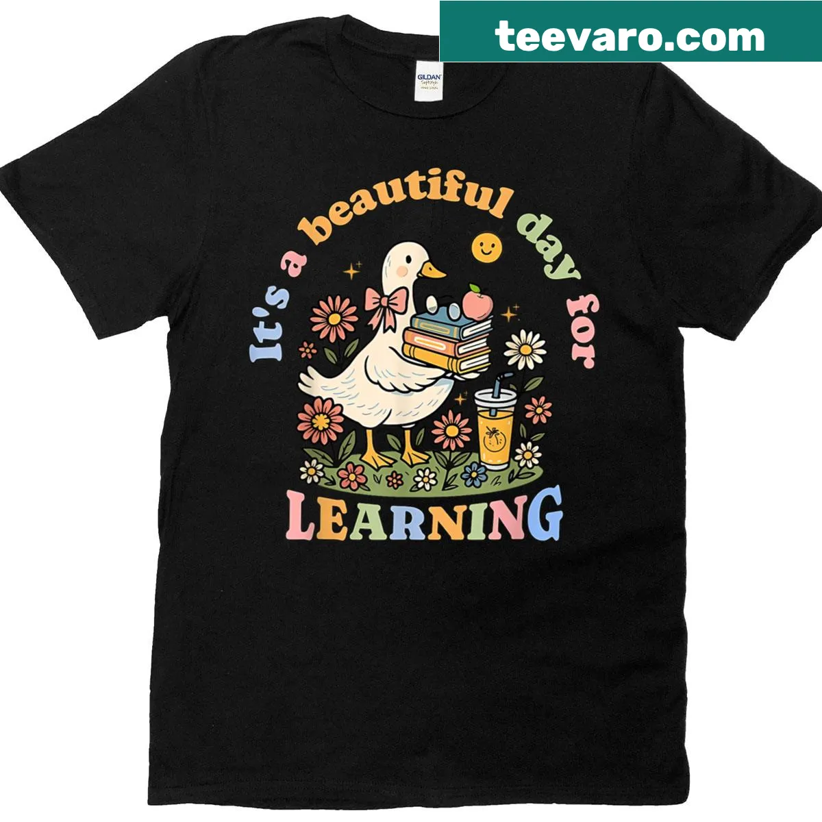 Whimsical goose graphic with text about learning for teachers. — on a men's t-shirt