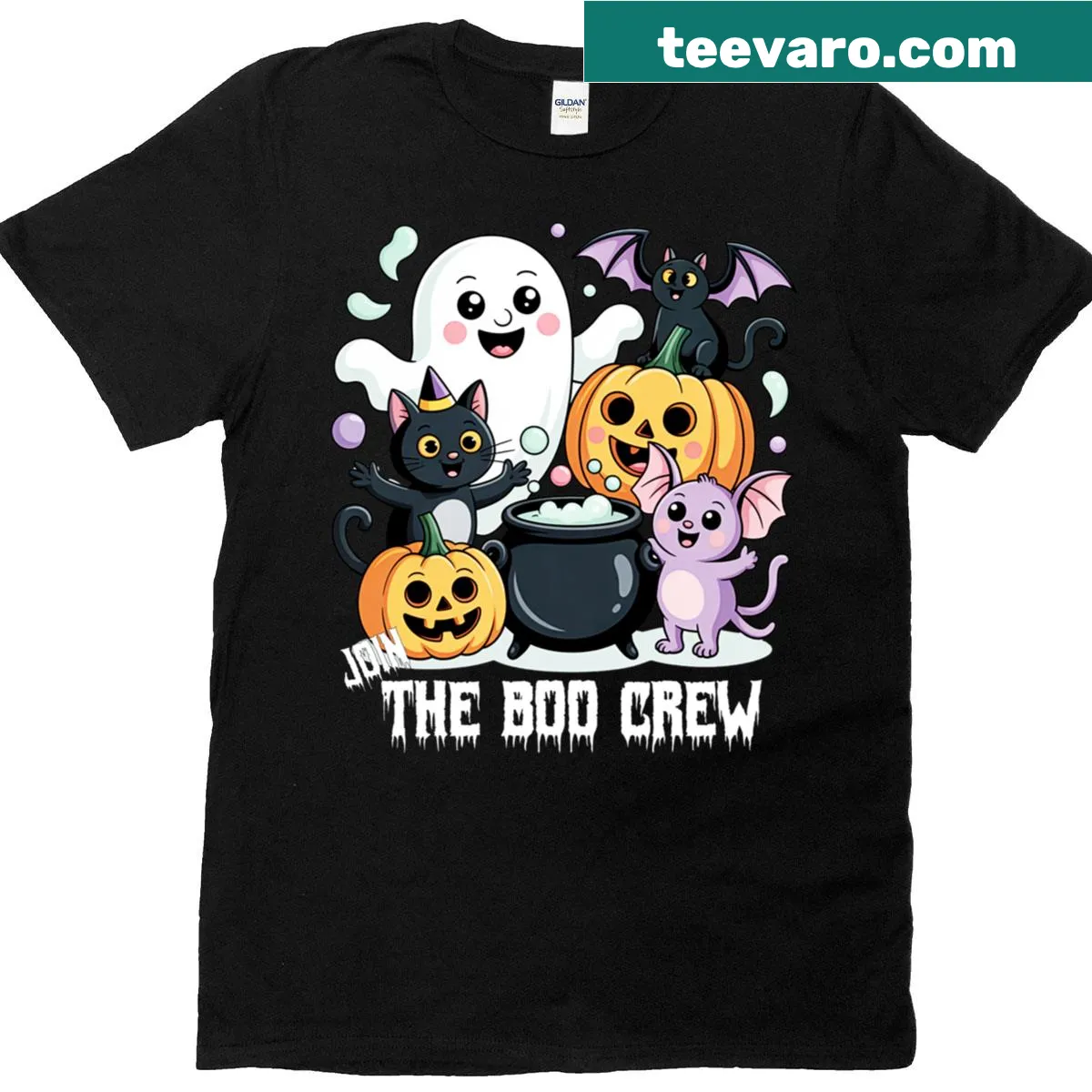 Cute Halloween T-shirt with a ghost cat and pumpkin design — on a men's t-shirt