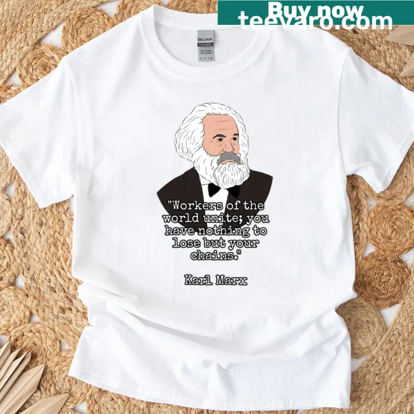 T-shirt featuring a graphic of Karl Marx with a humorous design